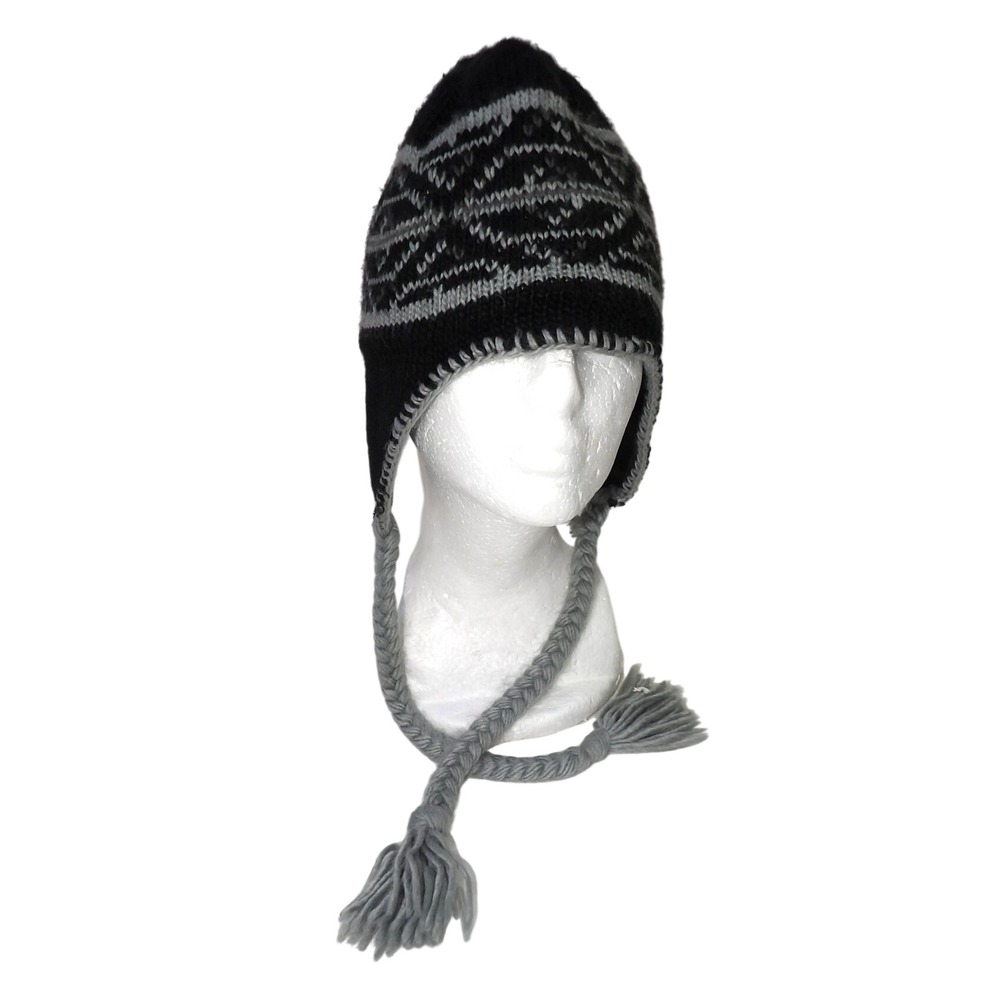 Columbia Sportswear Black Gray Fair Isle Knit Trapper Beanie Hat Braided Tassels